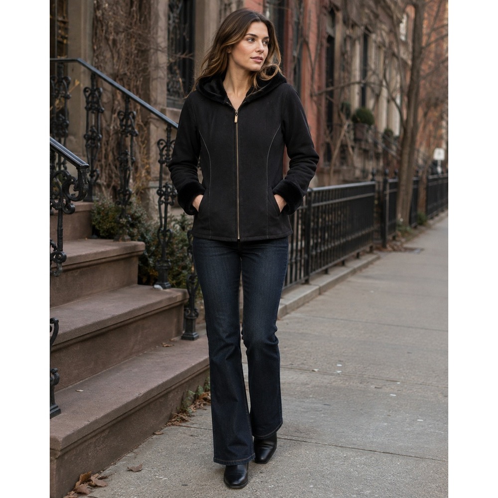 Marvin Richards Black Faux Suede Fur Lined‎ Hooded Jacket Womens Medium Zip Up
